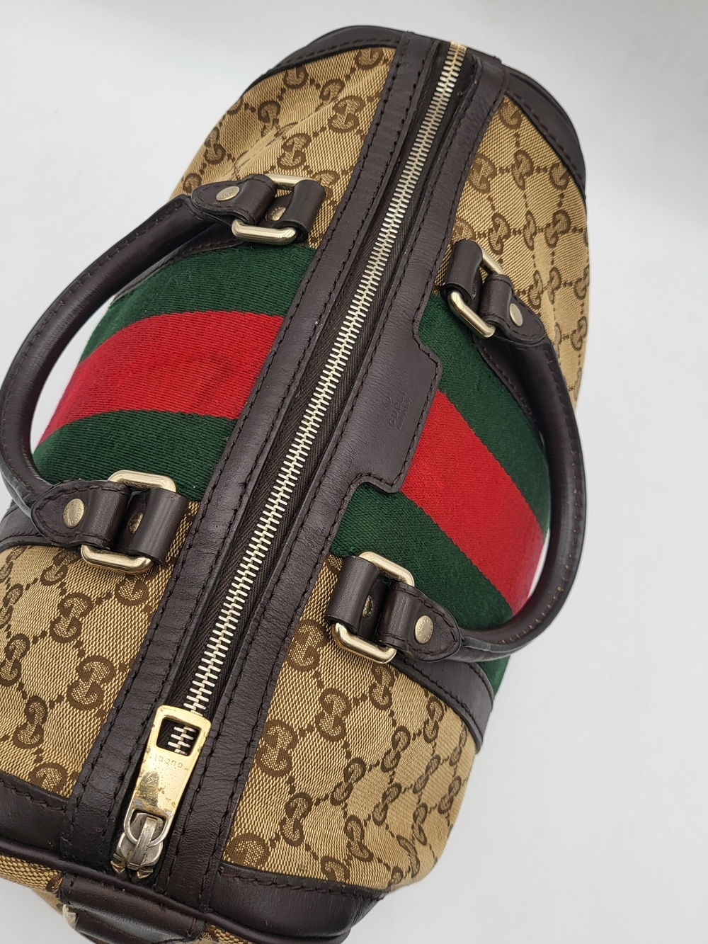 GUCCIMonogram Selleria Calfskin Vintage Web Medium Boston Brown, Auth. w/COA.. - Picture 6 of 16
